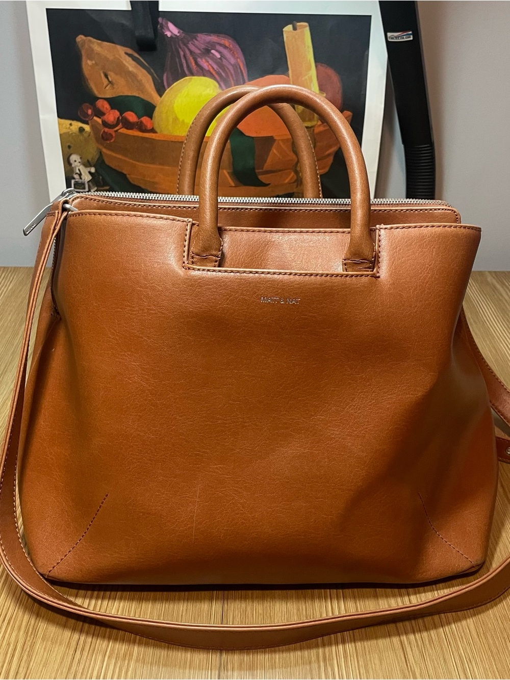 Matt & Nat Vegan Leather Crossbody Satchel Tote Bag Cognac Brown